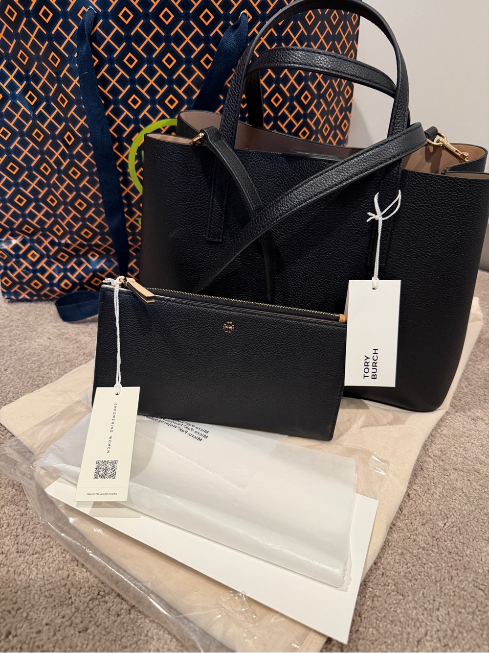 Tory Burch Black Pebbled Leather Tote with Zip Pouch and Gold Hardware